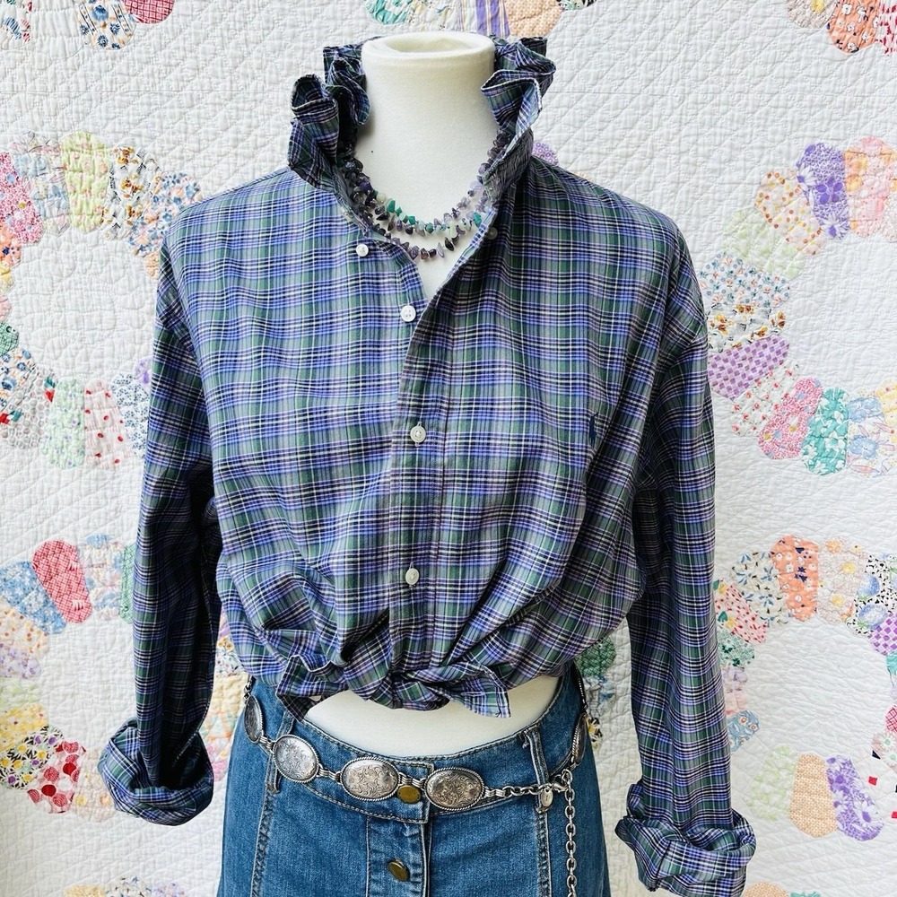 Upcycled Dark Academia Ralph Lauren Slim Fit Purple Green Plaid Ruffle Collar XL - Picture 2 of 10